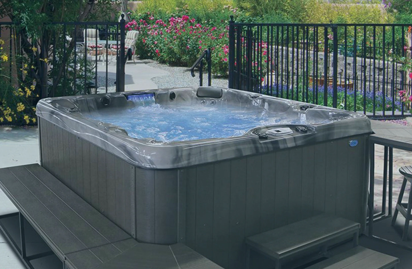 hot tub spas exterior garden with flowers and plants bozeman mt